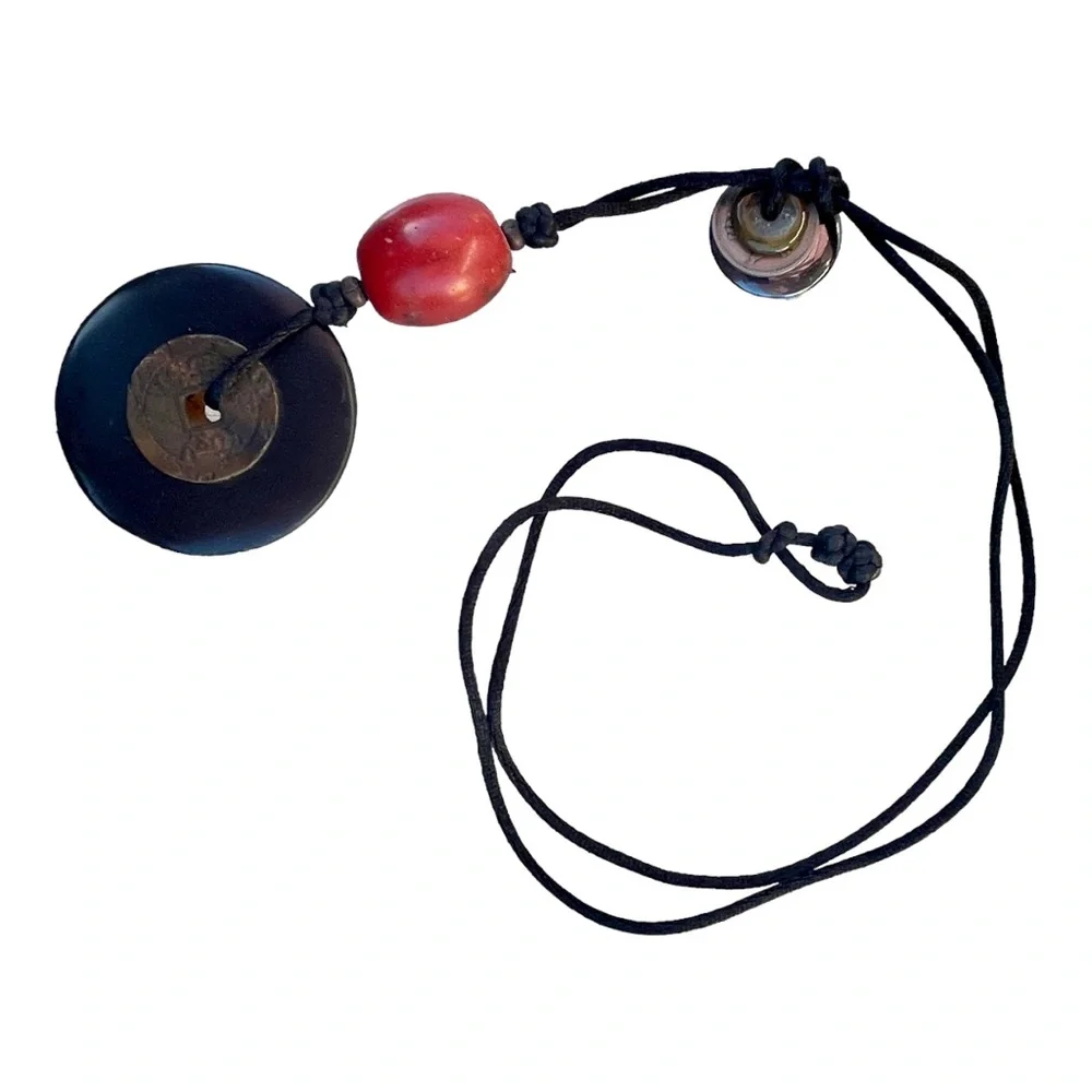 Asian Chinese Coin Donut Medallion Pendant Cord Necklace